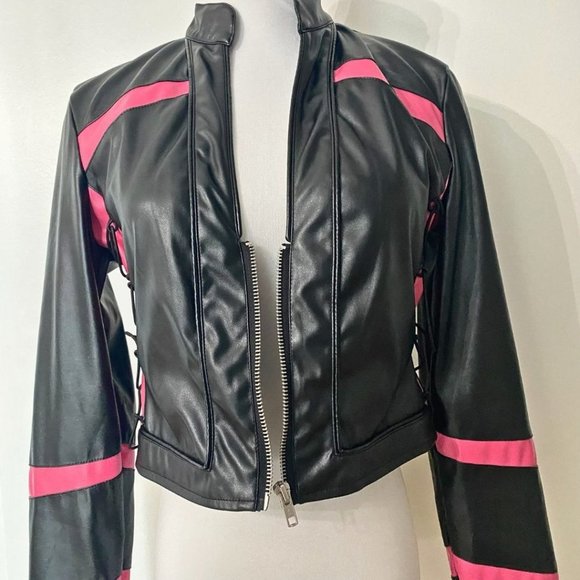 I AM GIA VIXON BLACK PINK FAUX LEATHER LACE UP CROPPED MOTO TOP JACKET - M - Picture 6 of 11